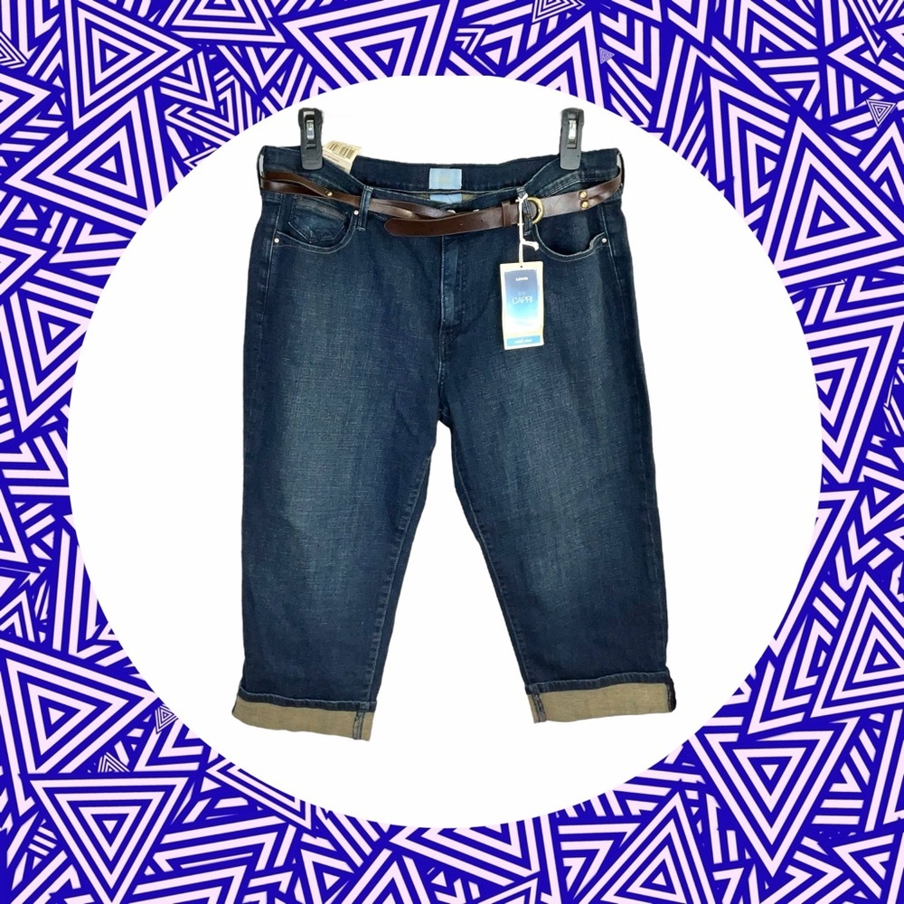 New w Tags Dark Blue Levi’s 515 Mid Rise Cuffed Capris w Belt Women Sz 16